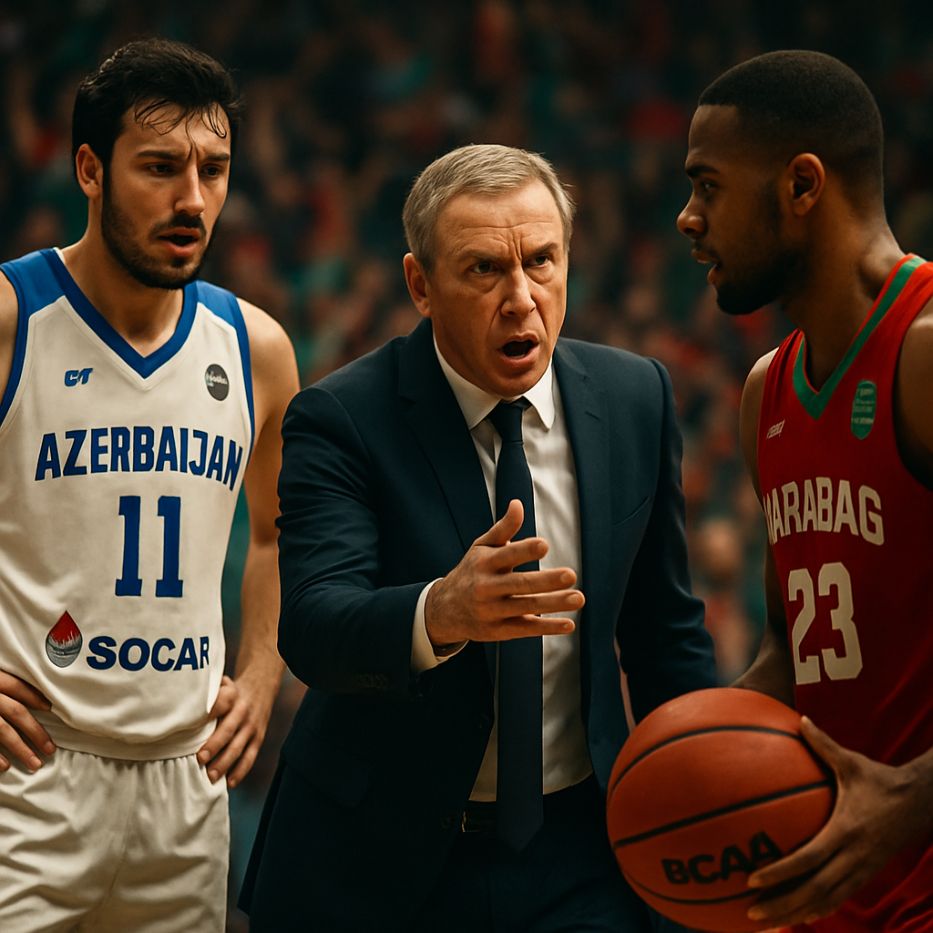 An intense moment during a pivotal Azerbaijan Basketball League game, with players and coaches