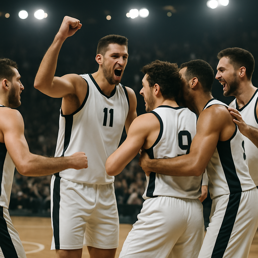 EuroLeague teammates celebrate together on the court after a demanding game.