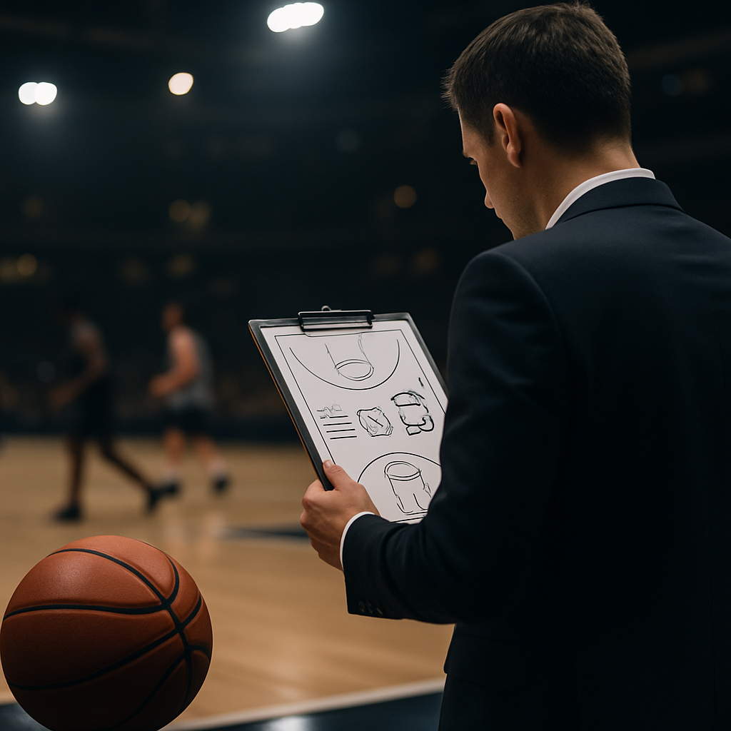 An anonymous basketball executive weighs roster and draft choices courtside as players practice in