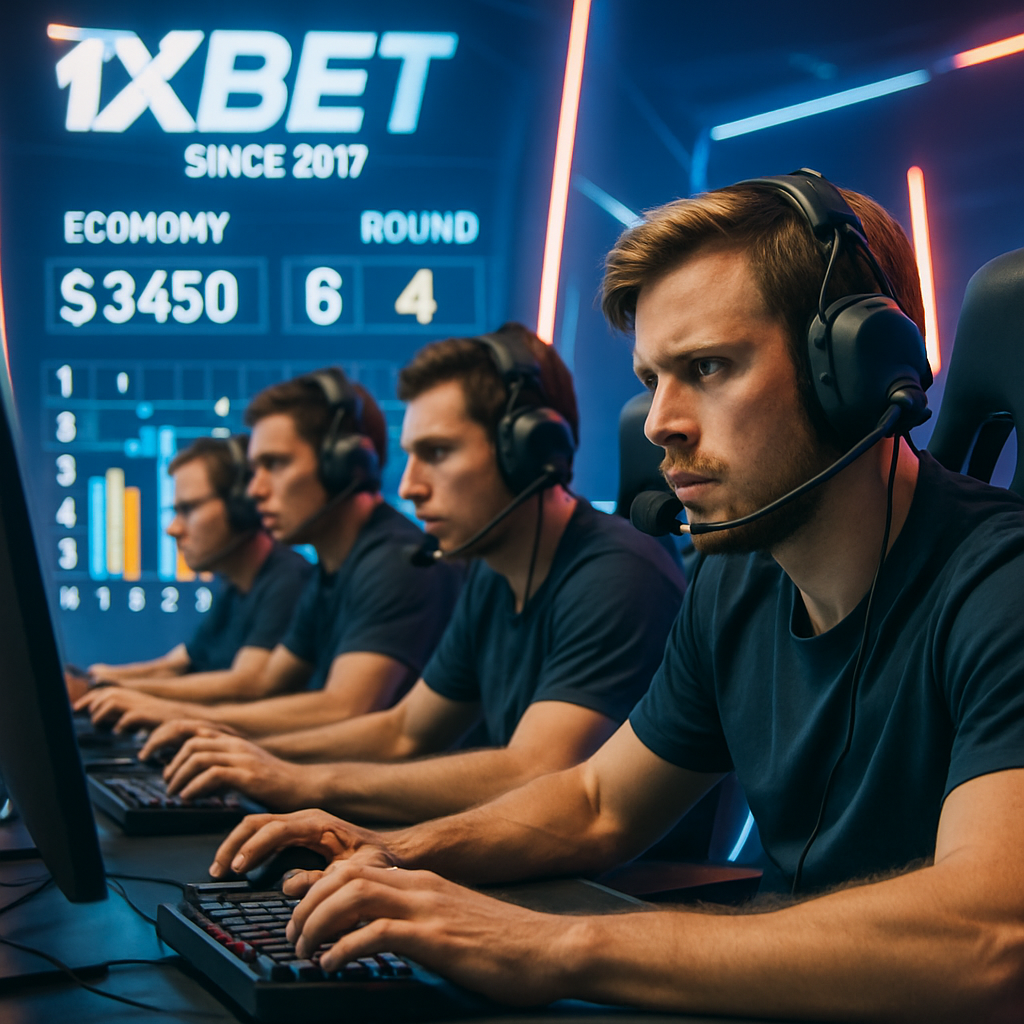 A vibrant, high-tech esports arena with players engrossed in gameplay, highlighted by digital economic
