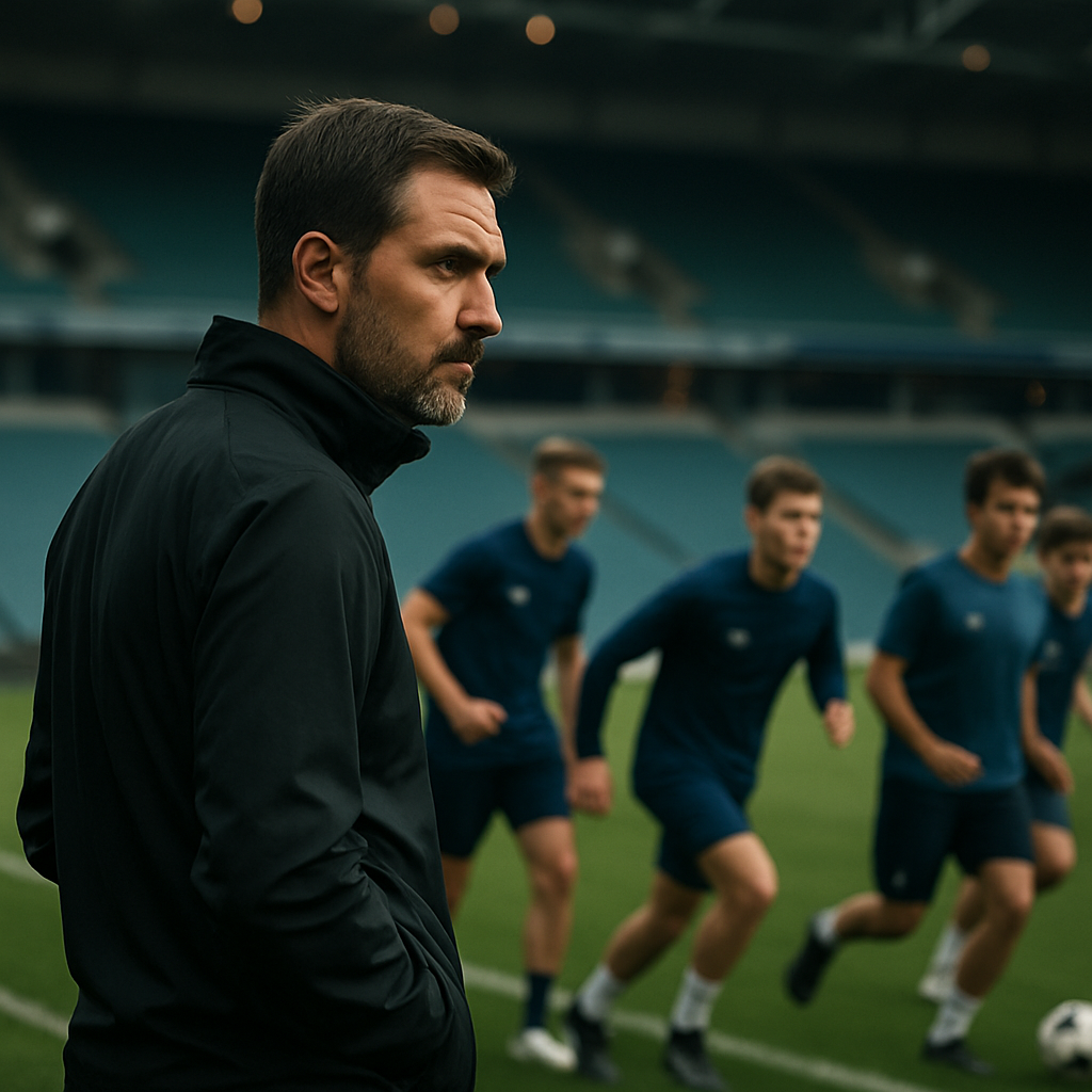 A new football coach watches players train, capturing the immediate energy and lingering uncertainty