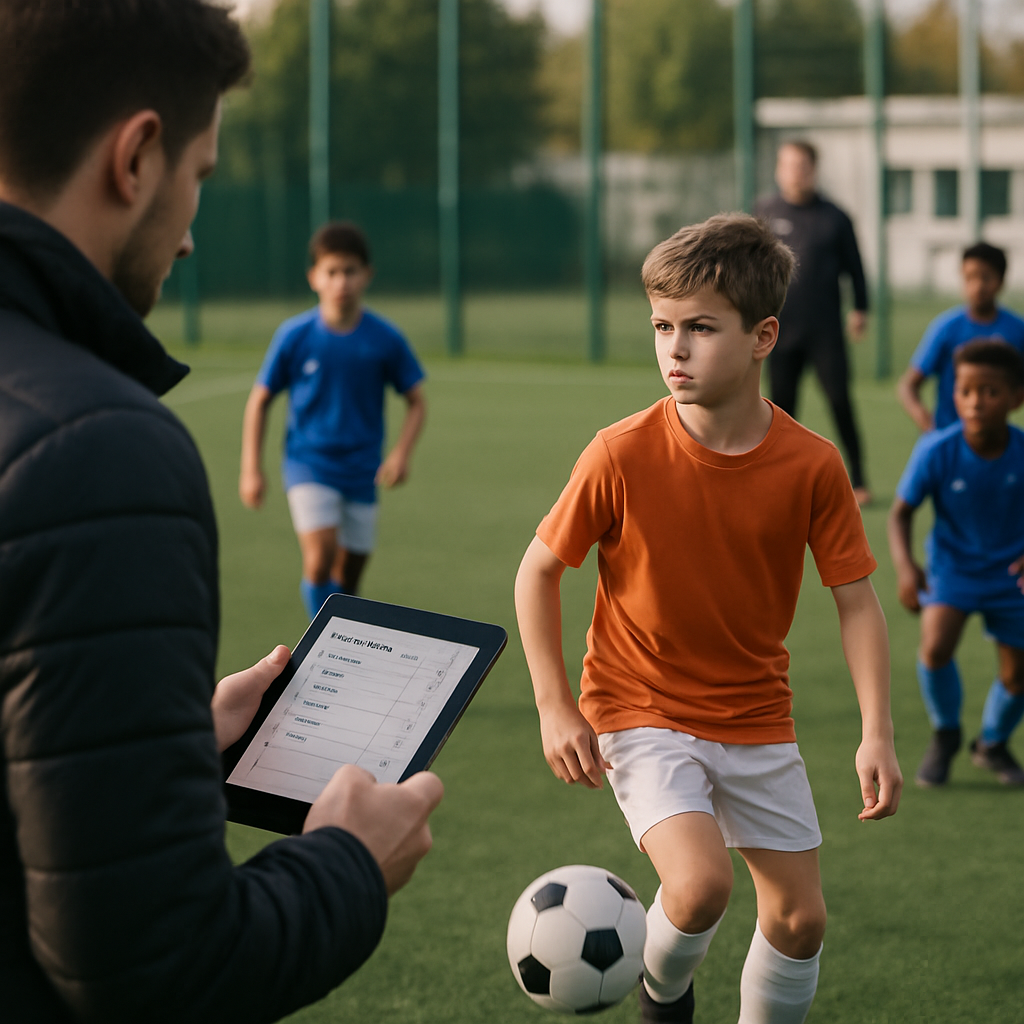 A youth football scout observes a young player make a thoughtful pass during academy
