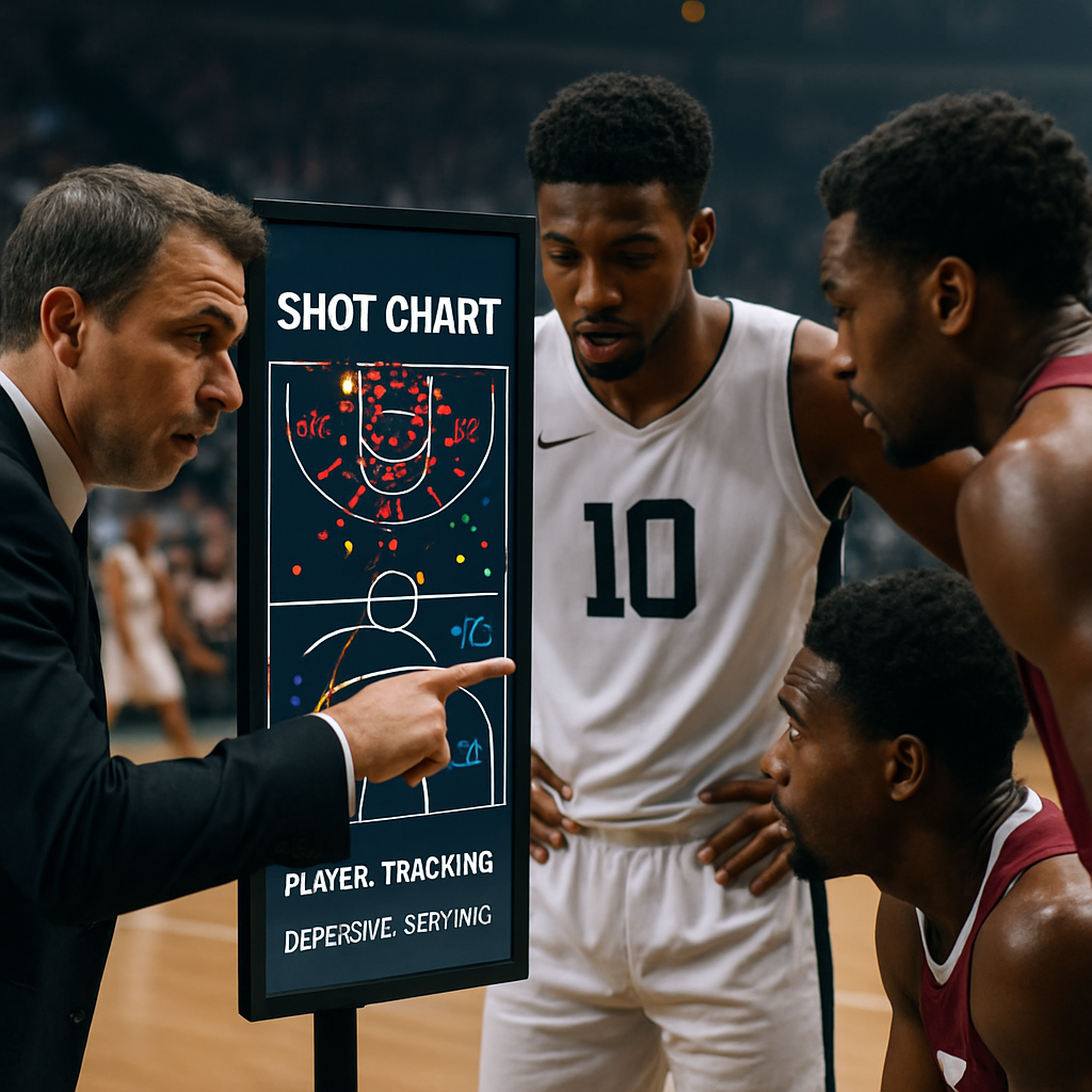 A basketball coach and players analyze shot charts and player-tracking data beside the court