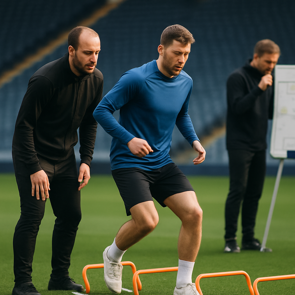 A footballer works through a rehabilitation drill as a physiotherapist observes and a coach