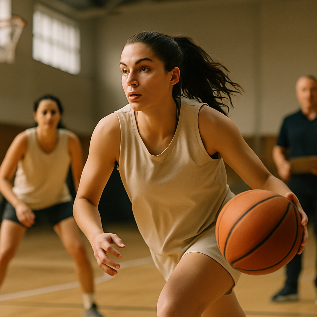 A young woman basketball player drives toward the hoop during practice as her teammate