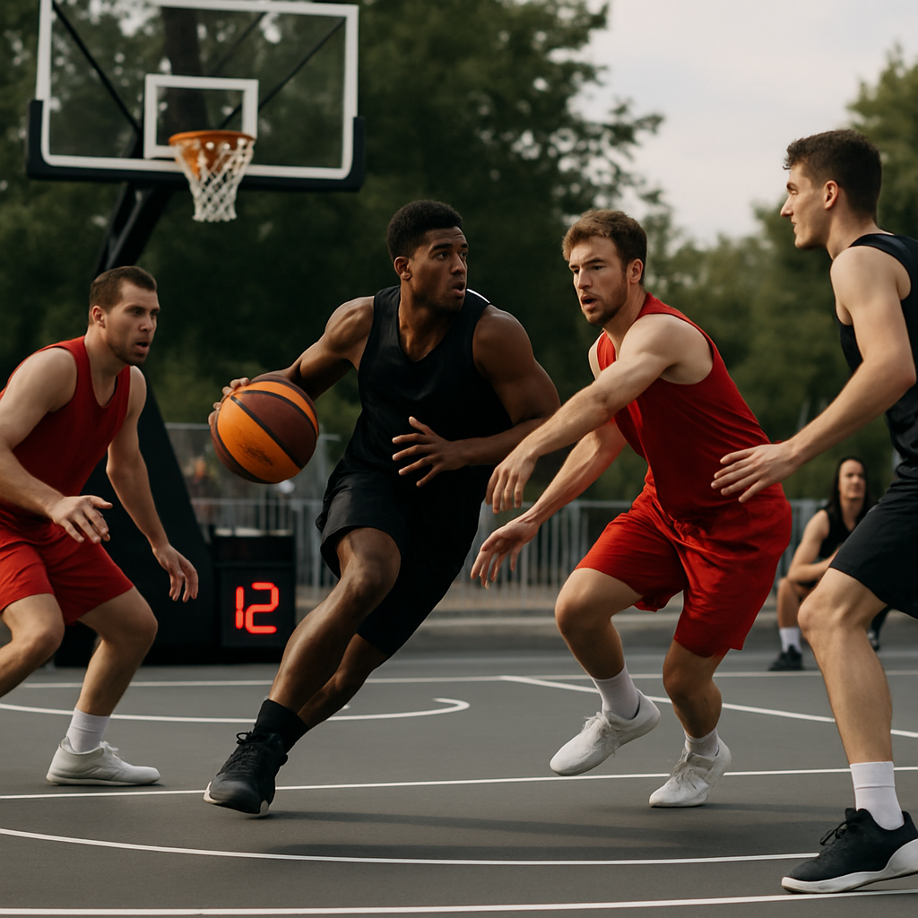 On a 3x3 basketball half-court, a player drives toward the hoop as defenders rotate