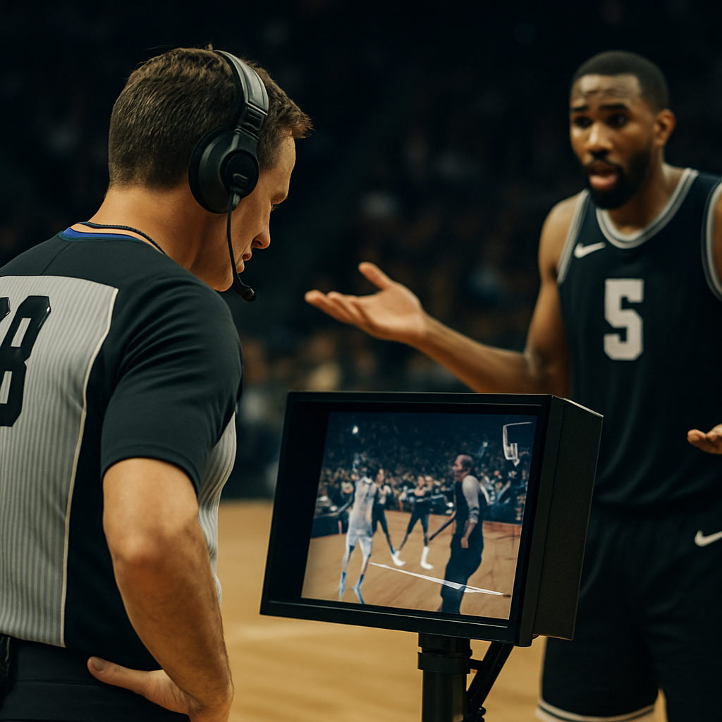 A basketball referee reviews a disputed play on a courtside monitor as a player
