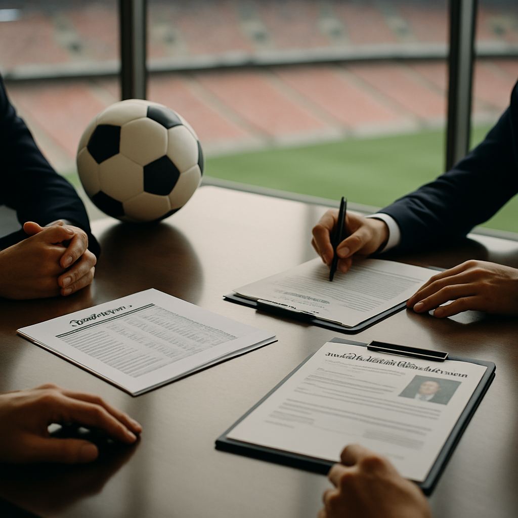 Football executives review a budget, sponsorship agreement, and transfer dossier beside a football, with