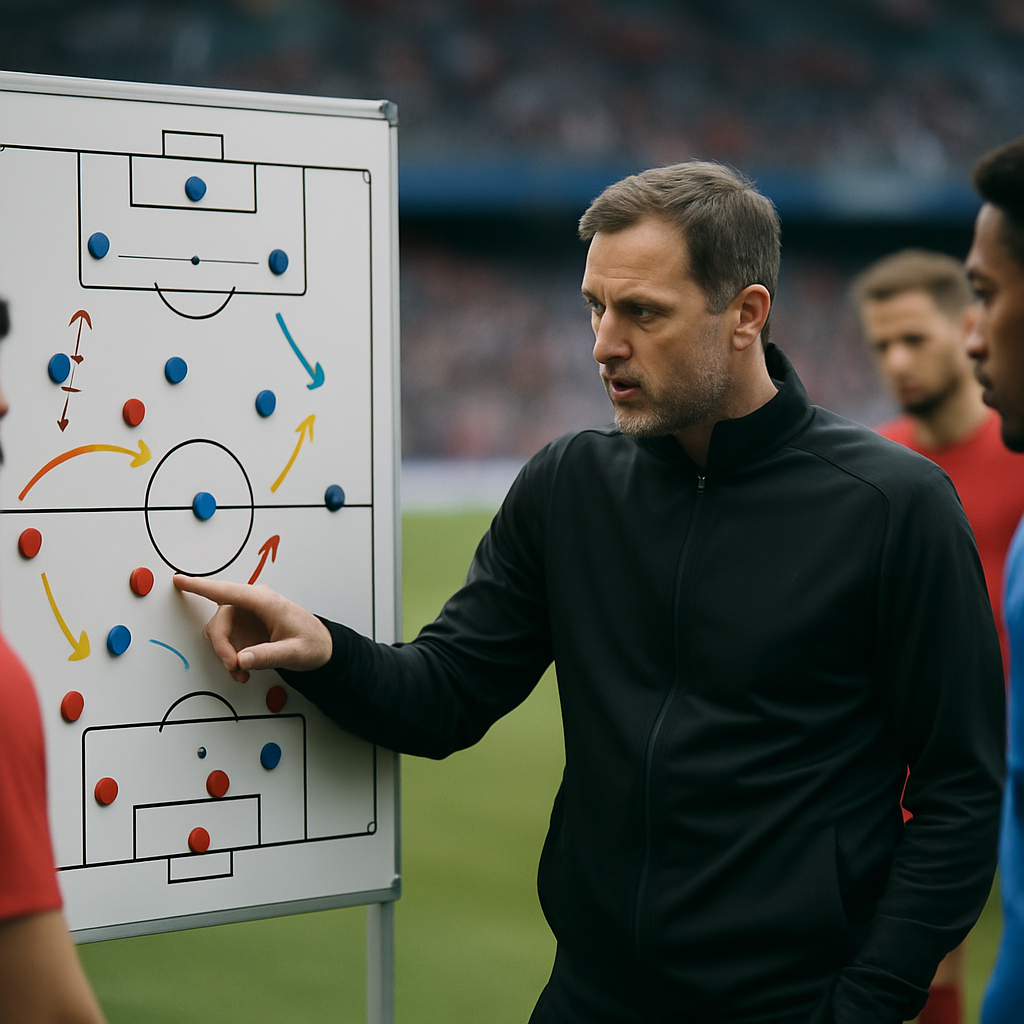 A football coach reviews defensive spacing, pressing cues, and attacking transitions with players on