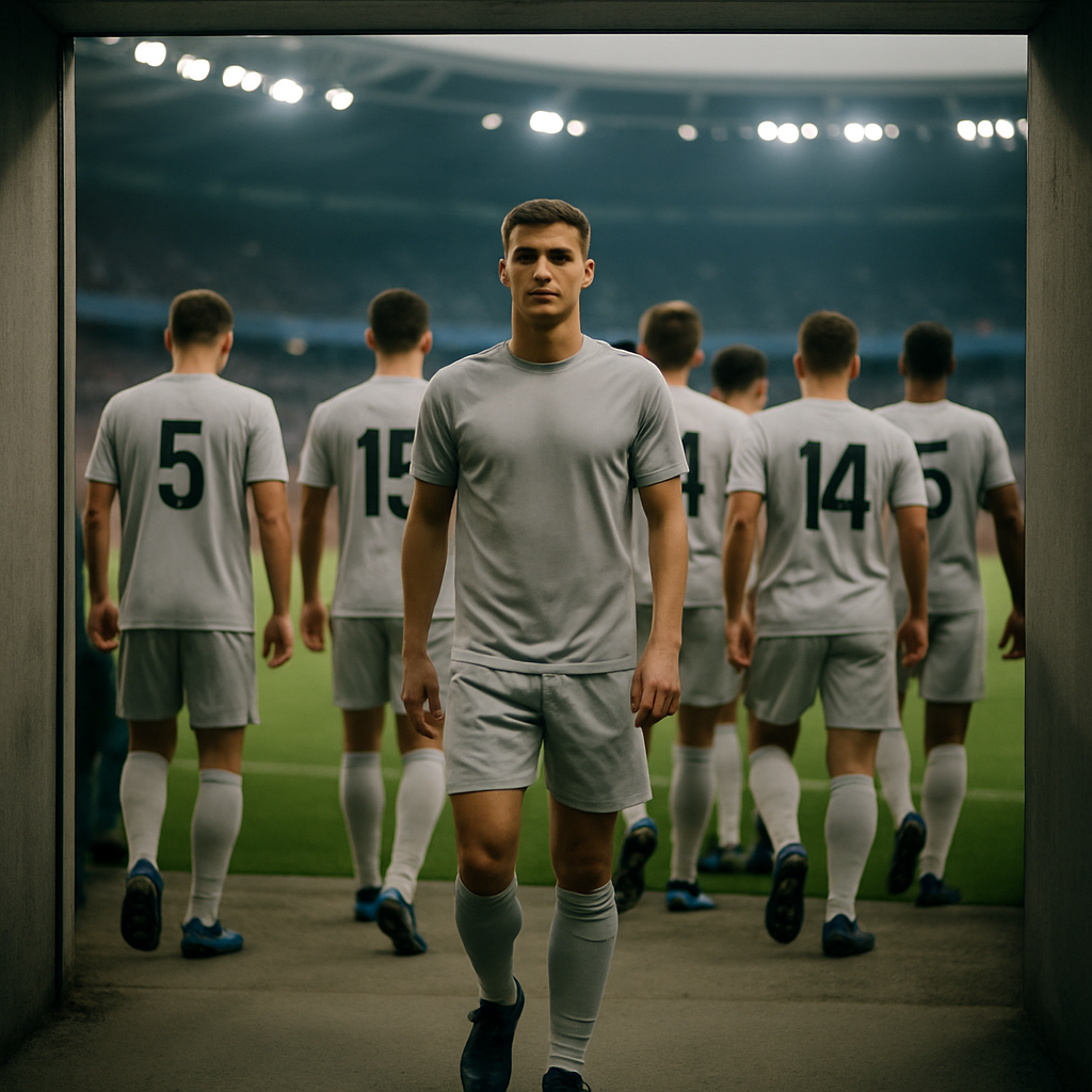 An anonymous, cohesive football squad walks from the stadium tunnel toward the pitch, suggesting