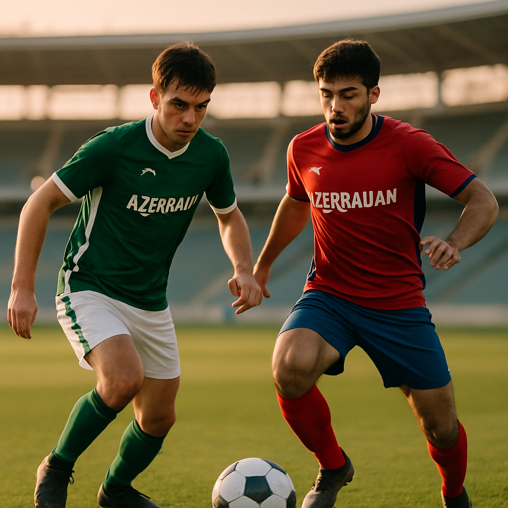 Two young Azerbaijani footballers train with a ball on a professional pitch at golden